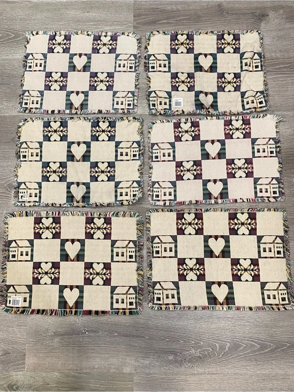 Vintage Park B Smith Woven Tapestry Placemats Set of 6 Houses Hearts